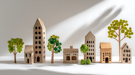 Miniature sustainable city made from recycled cardboard and craft materials with eco friendly buildings and trees symbolizing green architecture reuse and urban environmental responsibility