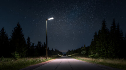 Lonely streetlight illuminating an empty rural road under a clear starry night sky surrounded by forest trees minimal landscape with contrast of darkness and artificial white light