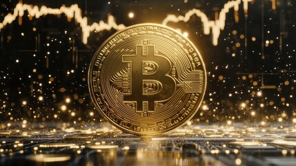 Golden bitcoin coin with blockchain-style texture placed over a digital background of fluctuating financial data and red market graph lines. Generative by AI