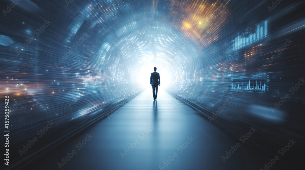 Aufkleber futuristic businessperson walking through glowing digital tunnel surrounded by data streams technolo