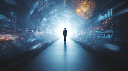 Futuristic businessperson walking through glowing digital tunnel surrounded by data streams technology interface lights and virtual environment representing innovation and digital transformation