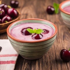 National Dishes of Hungary - Cold Cherry Soup - from sour cherries with sour cream and flour dressing, starch, spices (cinnamon, cloves)