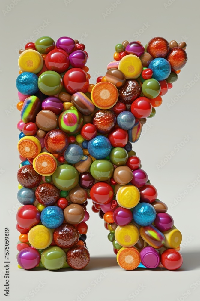 Poster k constructed from various colored candies that appear to melt. isolated on white. a vibrant charact