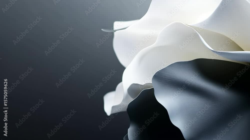 Poster close up of abstract layered white and grey fabric texture with soft lighting and smooth curves sugg