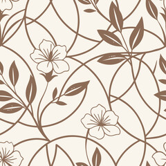 Fototapeta premium Elegant seamless pattern featuring hand-drawn flowers and leaves in delicate line art, perfect for wallpaper, fabric, or surface design.
