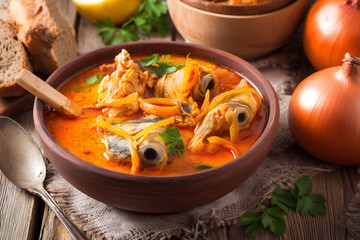 National Dishes of Hungary - Halaszle - fish soup made from different types of river fish with fried onions and carrots, the fish is placed in large pieces.