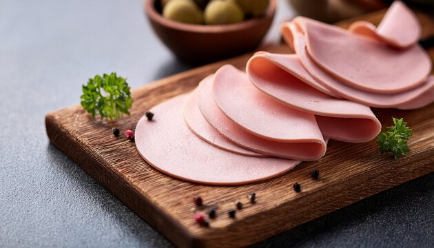 closeup of thin slices of italian mortadella called also bologna on wooden board served as appetizer