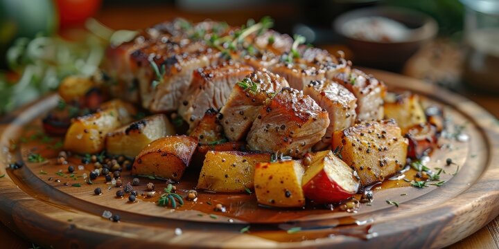Slow-cooked pork with apples, celery, cider, and mustard