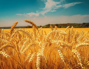 spikelets of golden wheat in the field ripe big golden ears of wheat on a yellow background of the field nature the idea of a rich summer harvest agriculture agro industrial complex for food
