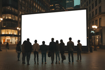 A large blank billboard stands out in a city street as people look on, presenting an advertising and marketing opportunity.
