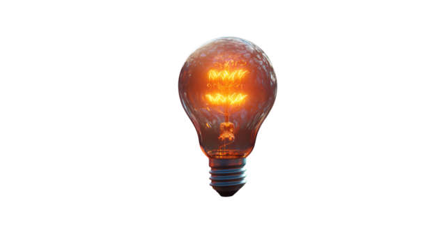 Real illumination effect from photo.  Transparent PNG. Glowing vintage-style filament bulb with cybernetic texture. Great for innovation, energy, or futuristic tech visuals.