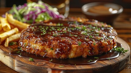 Breaded meat dish served with greens, creamy mushroom sauce, and fried potatoes