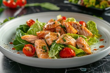 Salad with romaine lettuce, salmon, cherry tomatoes, garlic, croutons, and parmesan cheese