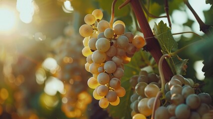 Ancient vineyards with white grape varieties near a winery during the autumn harvest season