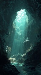 Obraz premium A view from inside a cave with light streaming in through the opening above onto the water below