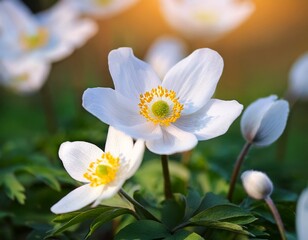 Obraz premium anemone sylvestris delicate flowers in the garden in the flowerbed floral background beautiful delicate anemone sylvestris white flowers on a natural background spring season close up
