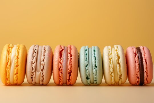 Delicious macaron treats lined up on a vibrant yellow backdrop. Perfect for social media wallpaper with space for text