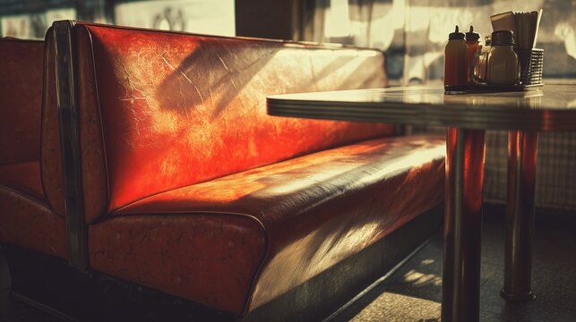 A red vinyl booth in a retro diner is bathed in warm, nostalgic lighting. The vintage setting and rich colors evoke a sense of nostalgia and comfort.