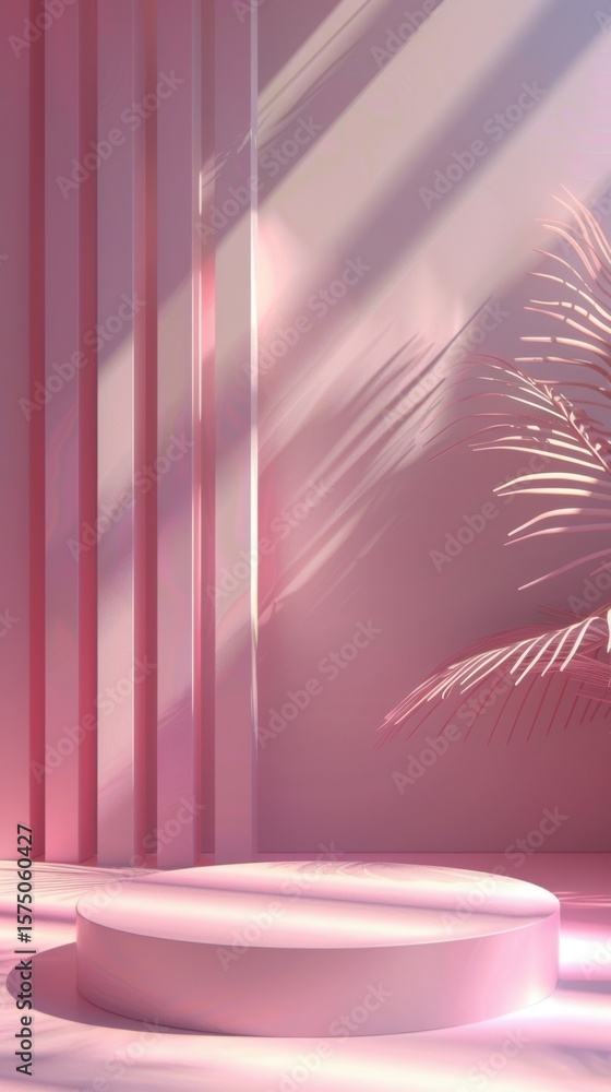 Poster blank studio setting for showcasing products with a soft pink backdrop and summer-themed mockup spac