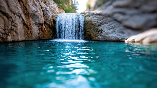 Waterfall cascading into turquoise pool clear water rocky cliff natural landscape serene outdoor summer refreshing tranquil sunlight reflection peaceful scene