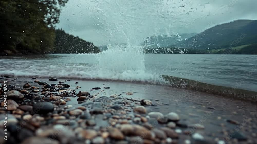 Poster waves crashing on a pebbled beach water splashing with a backdrop of green forest and distant mounta