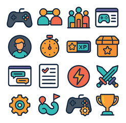 Online Gaming modern flat .Game controller, multiplayer icon, leaderboard, game lobby, character avatar, match timer, XP bar, loot box, in-game chat, quest log, power-up icon, PvP
