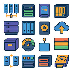 Server Storage modern flat .RAID system, HDD server bay, SSD tray, NAS unit, storage array, drive slots, backup tape, cloud backup, archive storage, storage capacity meter, mount