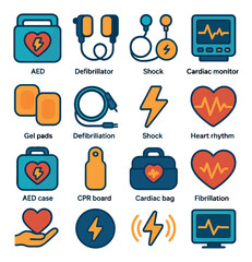 Defibrillation & Cardiac Care modern flat .AED unit, defibrillator paddles, ECG leads, cardiac monitor, gel pads, defibrillation cable, shock icon, heart rhythm icon, AED case, CPR