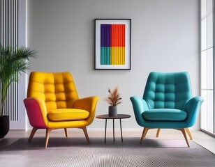 minimalist interior design of modern living room with vibrant colorful multicolored armchairs