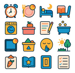 Home Routines modern flat .Wake-up clock, meal timer, bedtime icon, reading corner, laundry routine, snack box, homework time, bath schedule, screen time limit, toy cleanup, quiet