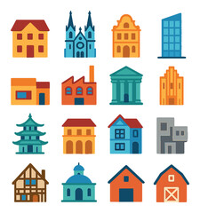 Architectural icons. modern flat .Colonial house, gothic cathedral, baroque building, modern glass tower, minimalist home, industrial loft, neoclassical facade, art deco structure