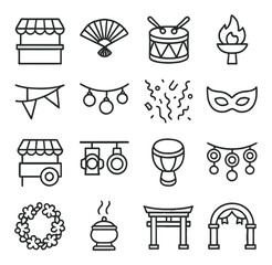 Festival street elements line art icons. food stall, paper fan, drum icon, torch flame, festival flag, hanging lights, street confetti, costume mask, vendor cart, stage lights,