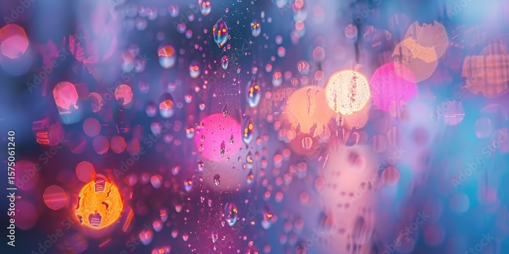 Poster raindrops on a glass surface with a cloudy sunset in the background, creating a natural pattern afte
