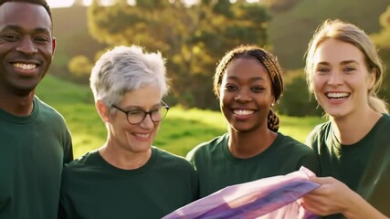 Diverse Volunteers Smiling with Green Shirts and a Clear Bag Outdoor In the Sunlight