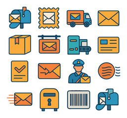 Postal Services modern flat .Mailbox icon, postage stamp, mail truck, letter envelope, parcel box, post office sign, sorting machine, address label, delivery slip, return envelope,