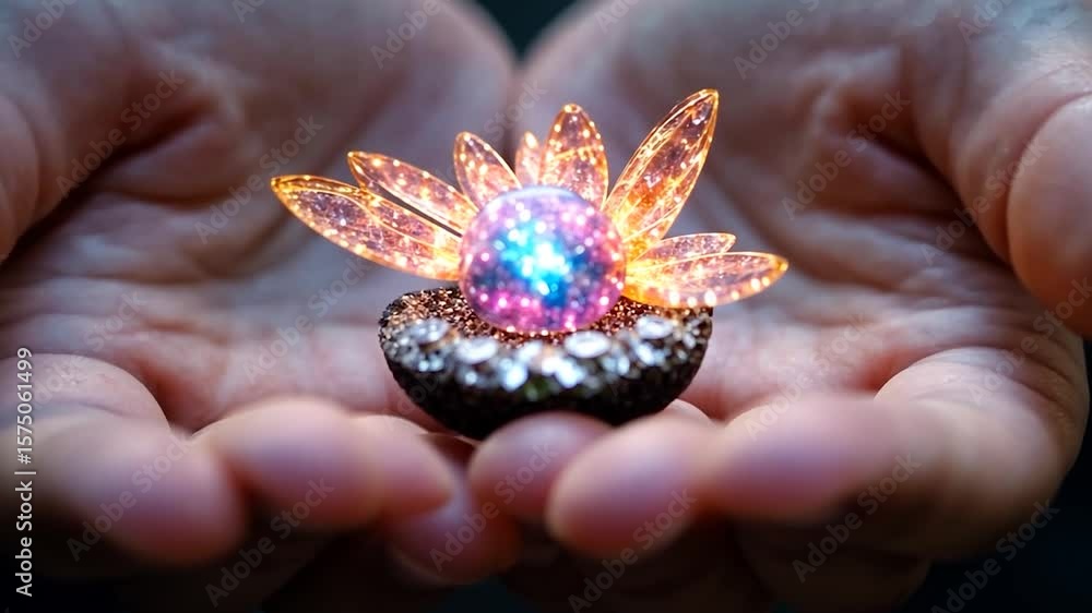 Poster hands cradling a glowing ornamental object with a central orb and radiating floral elements creating