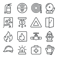 Fire safety equipment line art icons. fire extinguisher, smoke detector, fire hose, fire alarm, emergency exit, sprinkler head, safety sign, fireproof door, flame icon, fire