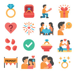 Marriage Proposal modern flat .Engagement ring, proposal box, kneeling person, surprise icon, question mark heart, love fireworks, romantic dinner, proposal speech, rose petals,