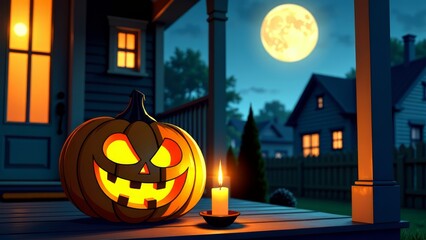 Jack-o'-lantern with candle on porch at night