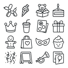 Children’s parties line art icons. balloon animal, candy cone, toy box, cake slice, birthday crown, juice cup, sticker sheet, kids gift, puppet icon, party bag, playful mask,