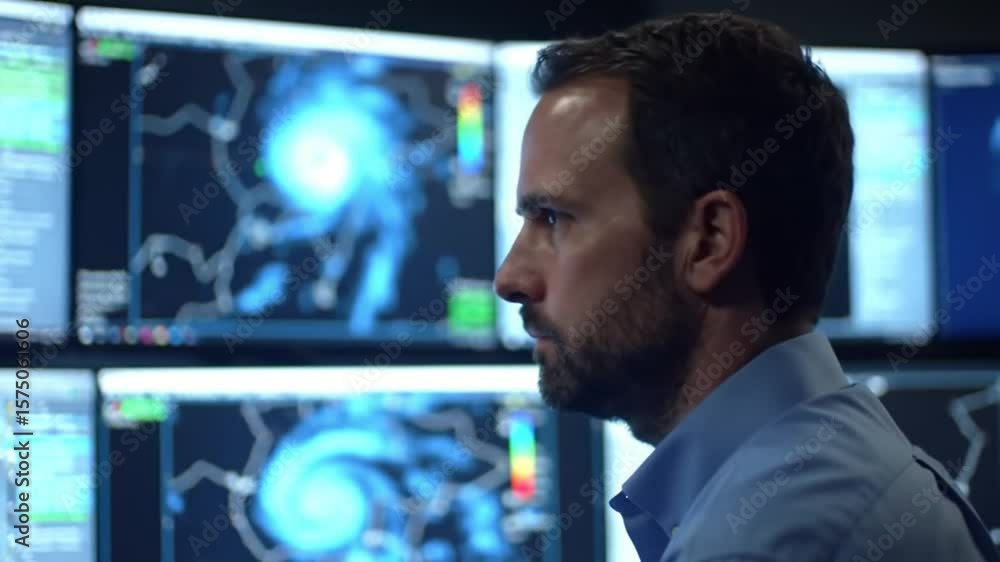 Poster man reviews weather data on multiple monitors in dark blue room profile