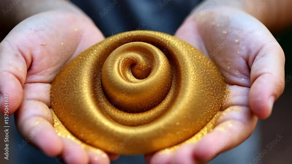Poster close up of hands holding a golden spiral shape with scattered sparkles a symbolic representation of