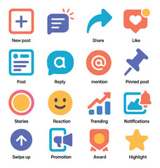Social Media Posts modern flat .New post icon, announcement bubble, share icon, like alert, post feed, reply message, mention tag, pinned post, story ring, reaction emoji, trending