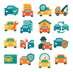 Car Insurance modern flat .Car with shield, accident report, vehicle inspection, towing service, roadside assistance, claim form, repair shop, replacement car, broken windshield,