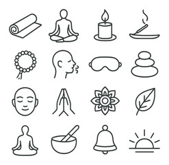 Mindfulness & meditation line art icons. yoga mat, lotus pose, candle, incense, prayer beads, breathing icon, eye mask, zen stone, calm face, hands in prayer, mandala, nature leaf,