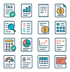 Financial & Accounting Papers modern flat .Tax return form, income statement, receipt paper, cash flow sheet, financial audit, expense form, payroll stub, billing invoice,