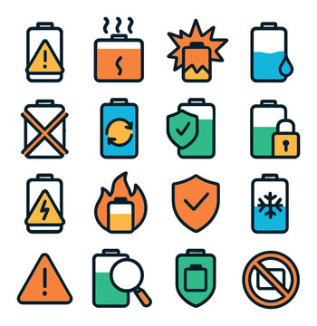 Battery Alerts & Safety modern flat .Battery warning, overheating battery, explosion icon, leaking battery, crossed-out battery, replace battery icon, safe charge symbol, battery