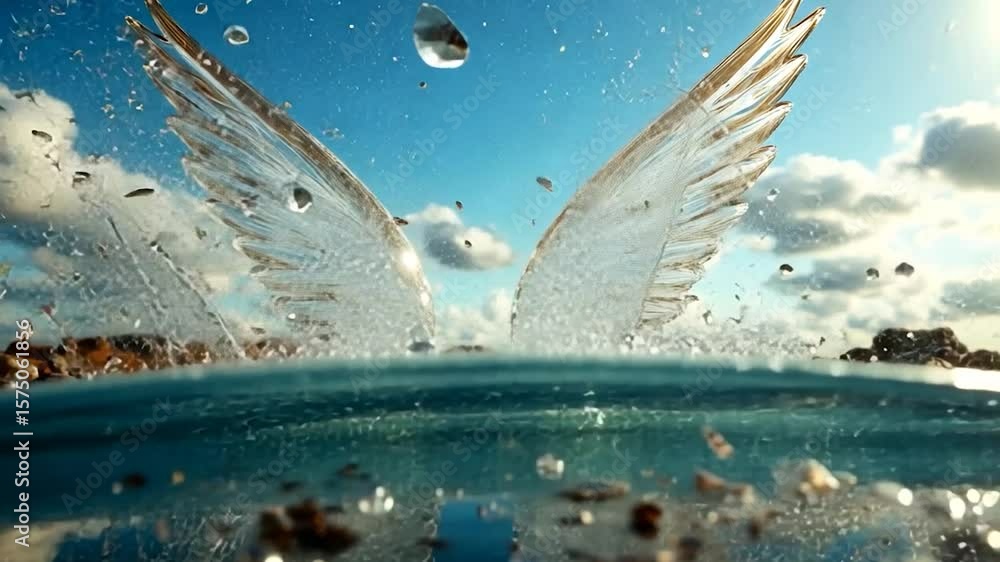 Aufkleber abstract digital art featuring wings made of water elements against a sky and ocean. artistic 3d ren