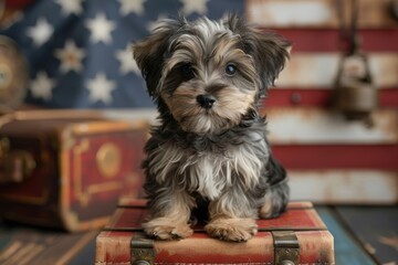 Adorable puppy with vintage books and a flag. Close-up indoors capturing themes of nurturing, learning, and training pets