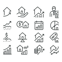 Real estate profit line art icons. rising house icon, rent income, property value graph, agent report, land appreciation, ROI from property, monthly yield, occupancy rate, mortgage